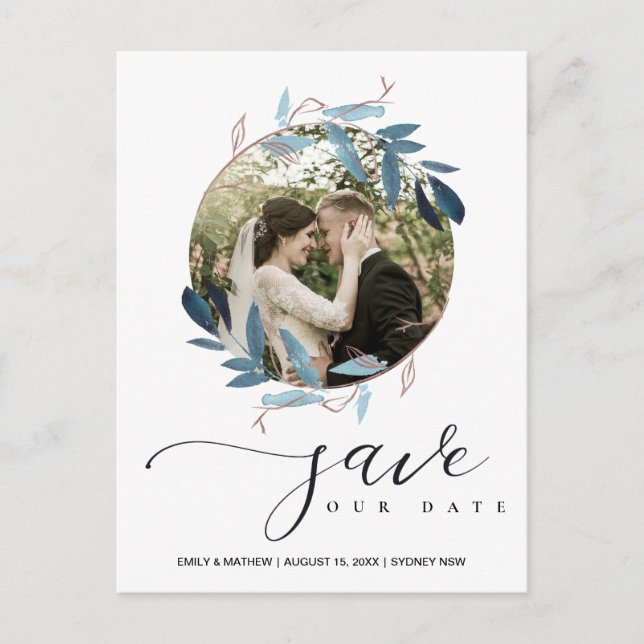 AQUA BLUE PINK FOLIAGE WREATH SAVE THE DATE PHOTO ANNOUNCEMENT POSTCARD (Front)