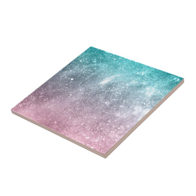 Aqua blue Pink ombre sea galaxy abstract Ceramic Tile (Side)