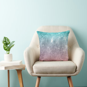 Aqua blue Pink ombre sea galaxy abstract Cushion