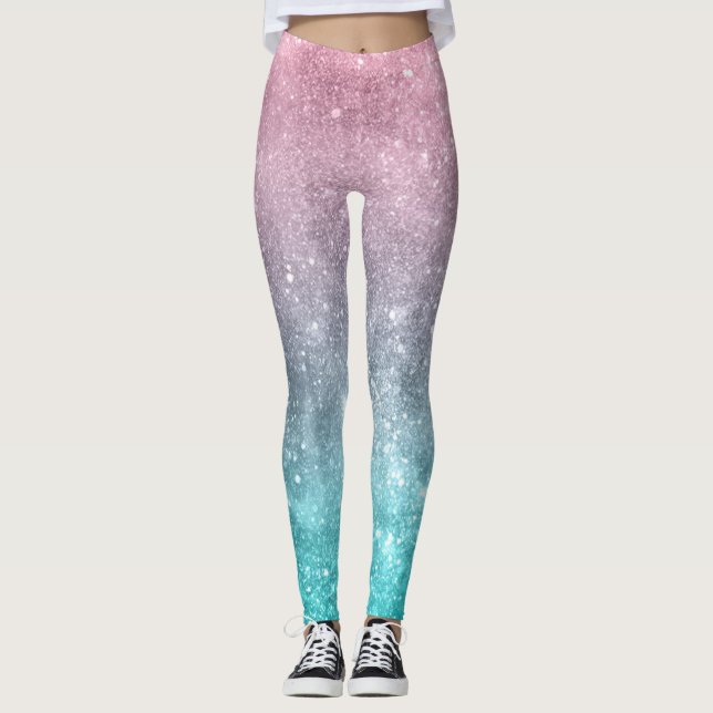 Aqua blue Pink ombre sea galaxy abstract Leggings (Front)