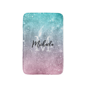 Aqua blue Pink ombre sea galaxy abstract Monogram Bath Mat