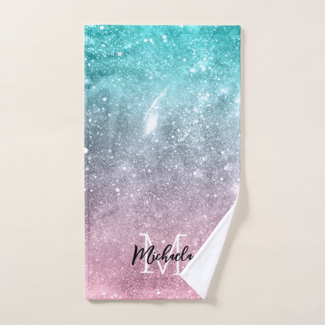 Aqua blue Pink ombre sea galaxy abstract Monogram Bath Towel Set (Hand Towel)