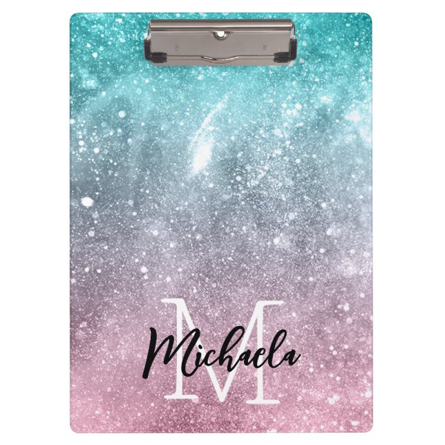 Aqua blue Pink ombre sea galaxy abstract Monogram Clipboard (Front)