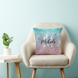 Aqua blue Pink ombre sea galaxy abstract Monogram Cushion