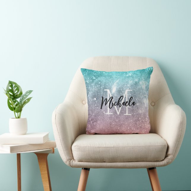 Aqua blue Pink ombre sea galaxy abstract Monogram Cushion (Chair)