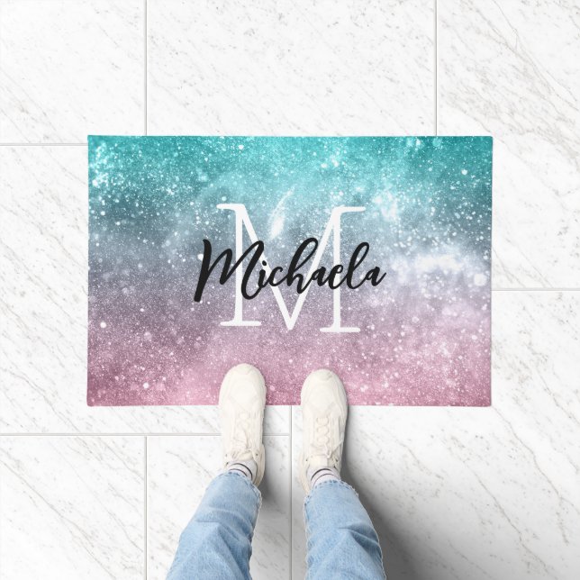Aqua blue Pink ombre sea galaxy abstract Monogram Doormat (Indoor)
