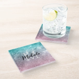 Aqua blue Pink ombre sea galaxy abstract Monogram Glass Coaster