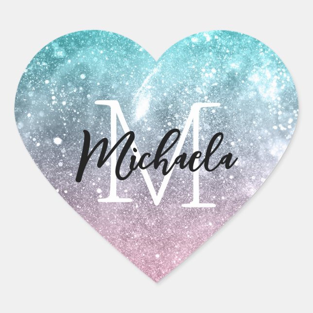 Aqua blue Pink ombre sea galaxy abstract Monogram Heart Sticker (Front)