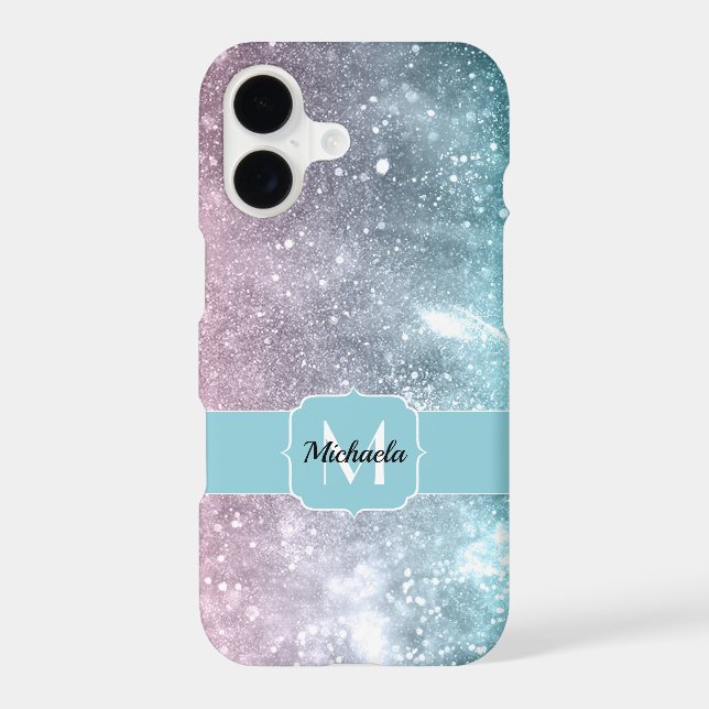 Aqua blue Pink ombre sea galaxy abstract Monogram iPhone Case (Back)