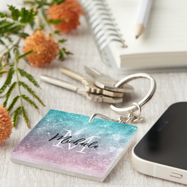Aqua blue Pink ombre sea galaxy abstract Monogram Key Ring (Front Right)