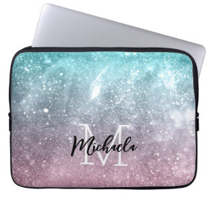 Aqua blue Pink ombre sea galaxy abstract Monogram Laptop Sleeve