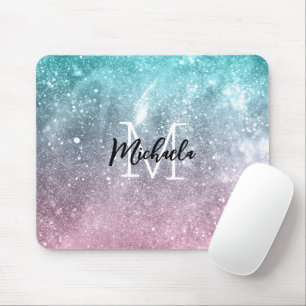 Aqua blue Pink ombre sea galaxy abstract Monogram Mouse Pad