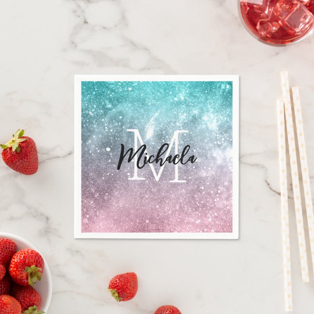 Aqua blue Pink ombre sea galaxy abstract Monogram Napkin (Insitu)
