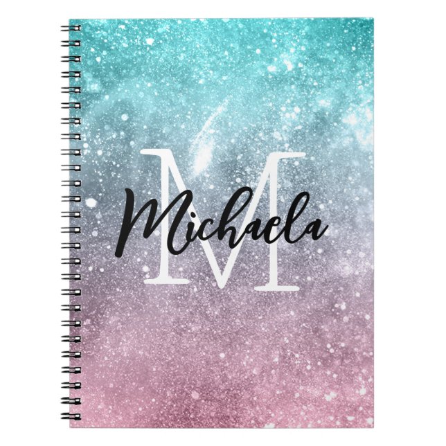 Aqua blue Pink ombre sea galaxy abstract Monogram Notebook (Front)