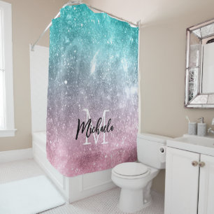 Aqua blue Pink ombre sea galaxy abstract Monogram Shower Curtain