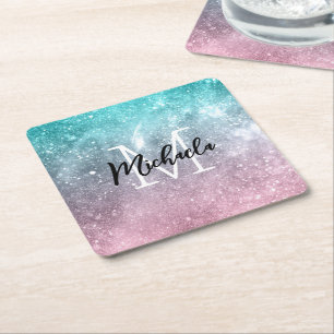Aqua blue Pink ombre sea galaxy abstract Monogram Square Paper Coaster