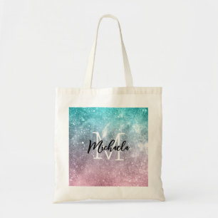 Aqua blue Pink ombre sea galaxy abstract Monogram Tote Bag