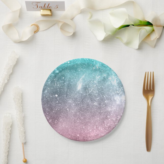 Aqua blue Pink ombre sea galaxy abstract Paper Plate (Wedding)