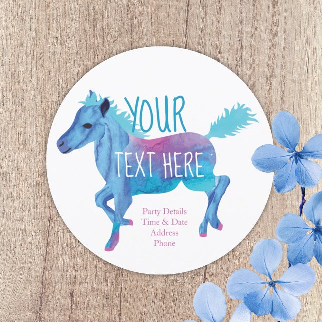 Aqua Blue Pink Pony Ride Birthday Party Invitation (turquoise blue galloping pony, pony ride birthday party invitation ocean blue aqua aquamarine)