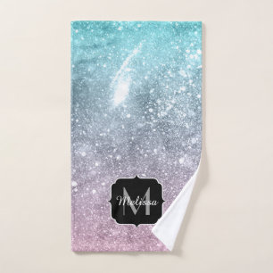 Aqua blue Pink sea galaxy abstract Monogram Bath Towel Set