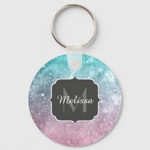 Aqua blue Pink sea galaxy abstract Monogram Key Ring
