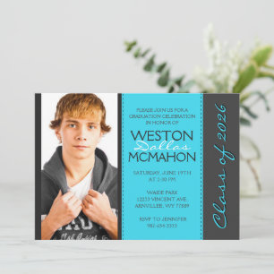 Aqua Blue & Pinstripe Grey Photo Graduation Invitation