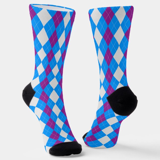 AQUA BLUE & PLUM PURPLE Argyle Pattern Socks (Angled)