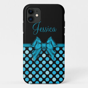 Aqua Blue Polka Dots & Name iPhone 11 Case