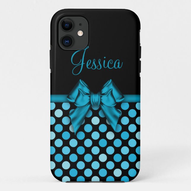 Aqua Blue Polka Dots & Name Case-Mate iPhone Case (Back)