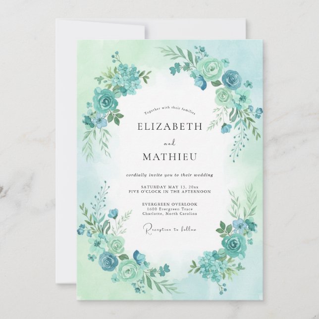 Aqua Blue Pristine Floral Wedding Invitation (Front)