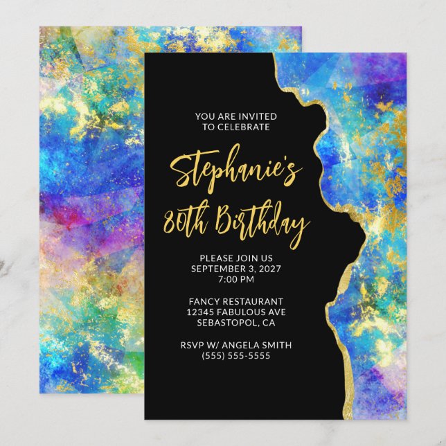 Aqua Blue Purple Fire Opal Gold Glam 80th Birthday Invitation (Front/Back)