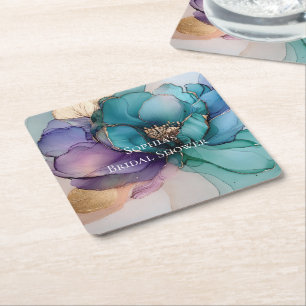 Aqua Blue Purple Gold Floral Bridal Shower Square Paper Coaster