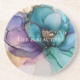 Aqua Blue Purple Gold Floral Coaster