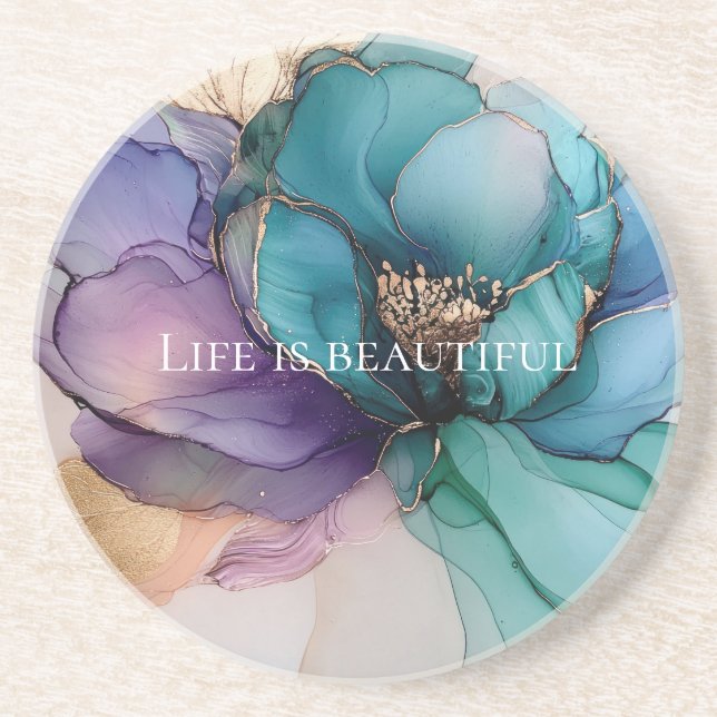 Aqua Blue Purple Gold Floral  Coaster (Front)