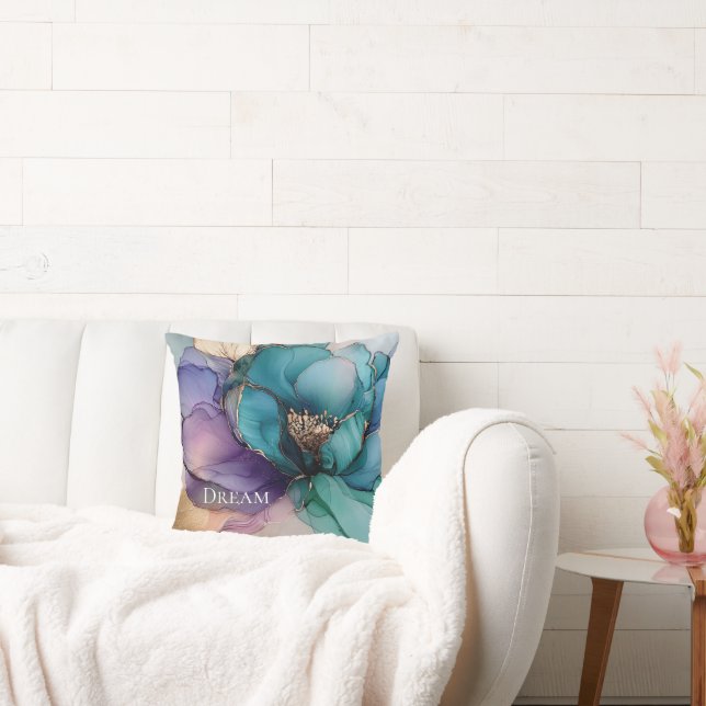 Aqua Blue Purple Gold Floral Cushion (Couch)