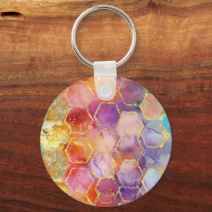 Aqua Blue Purple Green Pink Gold Honeycomb Key Ring