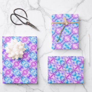 Aqua blue, purple snowflakes geometric pattern wrapping paper sheet