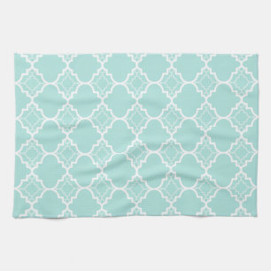 Aqua Blue Quatrefoil Geometric Pattern Tea Towel