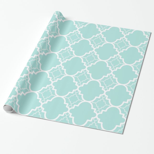 Aqua Blue Quatrefoil Geometric Pattern Wrapping Paper (Unrolled)