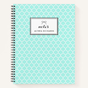 Aqua Blue Quatrefoil Pattern Personalised Notebook