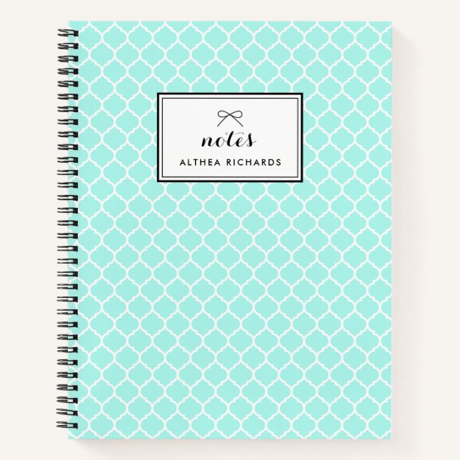 Aqua Blue Quatrefoil Pattern Personalised Notebook (Front)