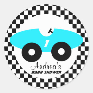 Aqua Blue Race Car Baby Shower Classic Round Sticker