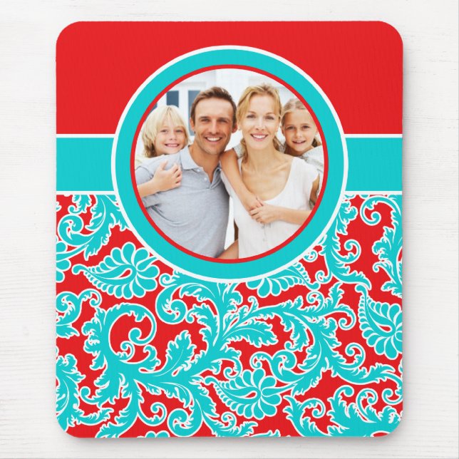 Aqua Blue, Red, and White Damask Photo Mousepad (Front)