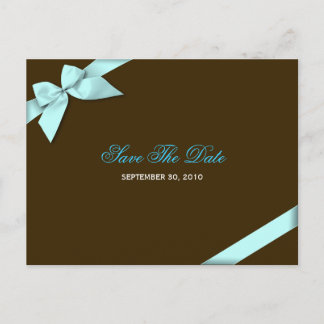 Aqua Blue Ribbon Save the Date Announcement Postcard
