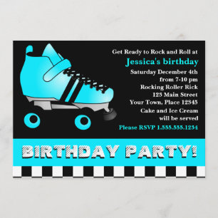 Aqua Blue Roller Skate Birthday Party Invitation