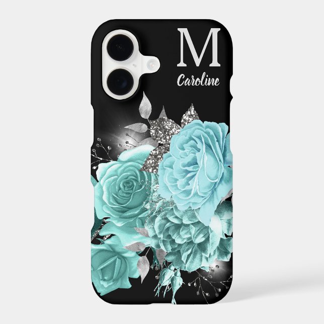 Aqua Blue Rose Silver Sparkle Bouquet Monogram  (Back)