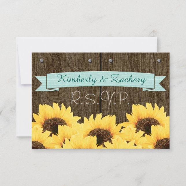 AQUA BLUE RUSTIC SUNFLOWER RSVP CARD (Front)