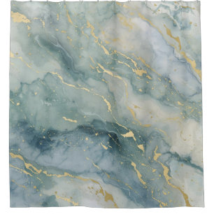 Aqua Blue Sage Green Gold Abstract Print Shower Curtain