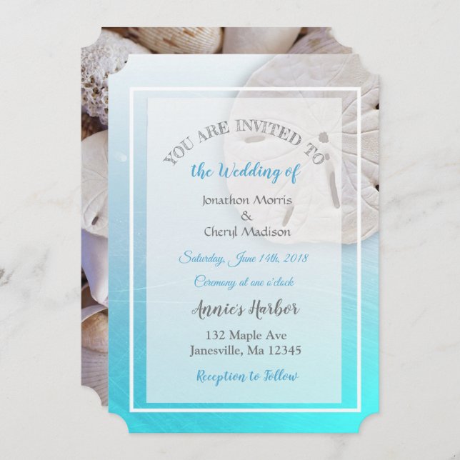 Aqua Blue Sand Dollar Themed Wedding Invitations (Front/Back)