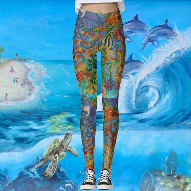 Aqua Blue Sea Abstract Art Octopus Modern Chic  Leggings (Aqua Blue Sea Abstract Art Octopus Modern Chic Leggings)